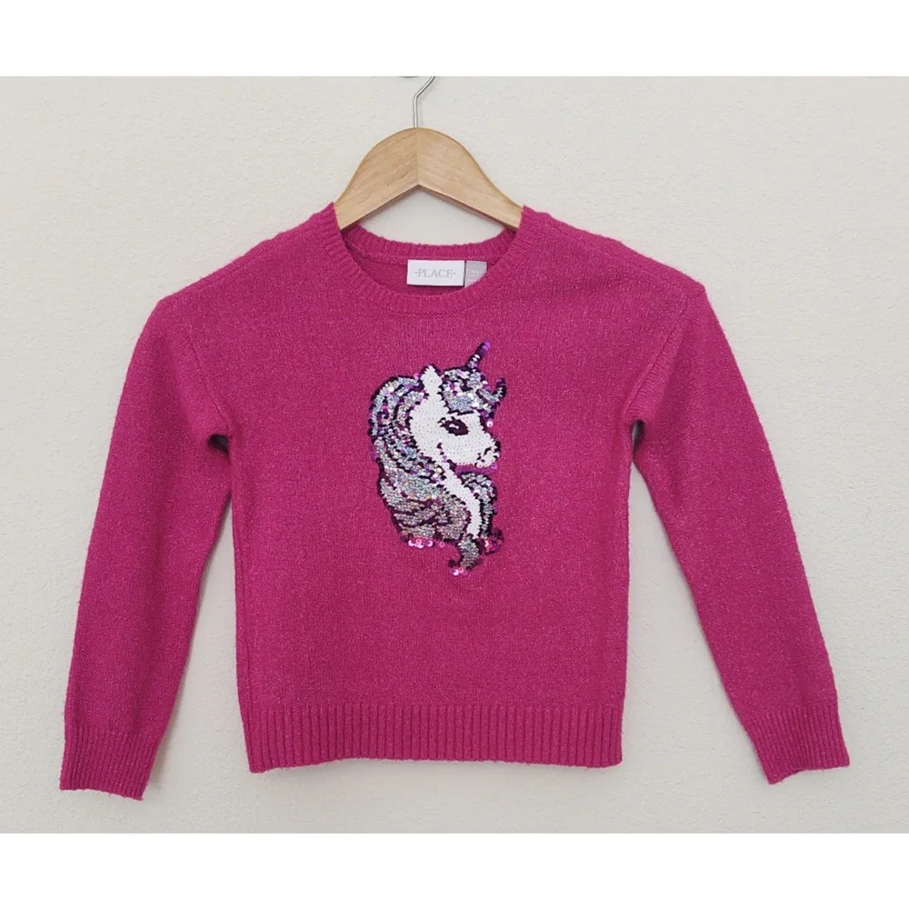The Children's Place - Girls Flip Sequin Unicorn Sweater - shimmery pink sz 5-6